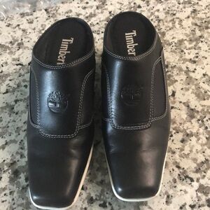 Timberland Black Leather Square Toe Slip On Wedge Mules Size 8